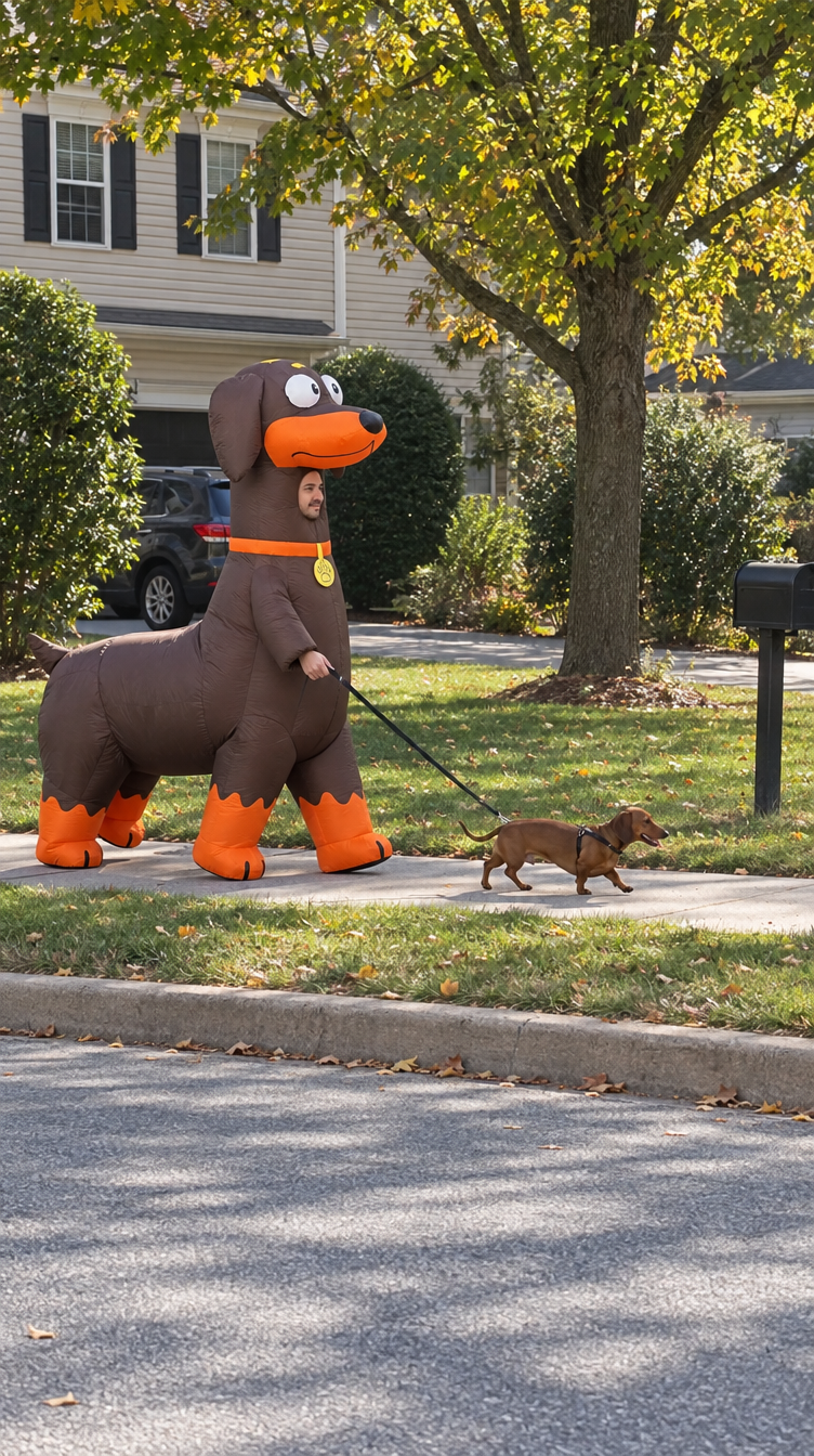Man wearing the inflatable dachshund costume walking a real dachshund