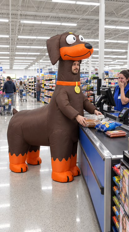 Inflatable dachshund costume at a grocery store checkout