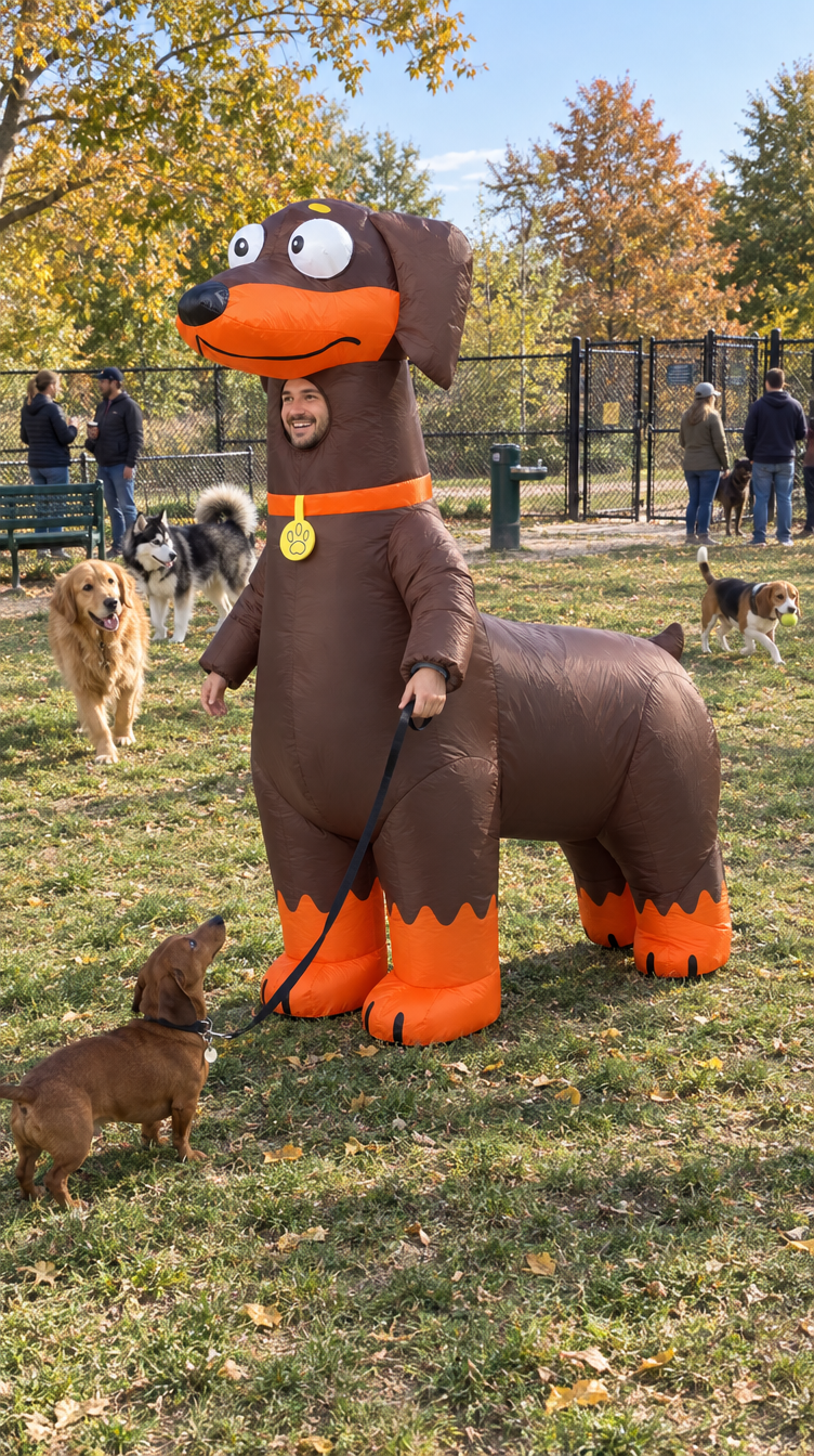 Inflatable dachshund costume at a dog park with a real dachshund