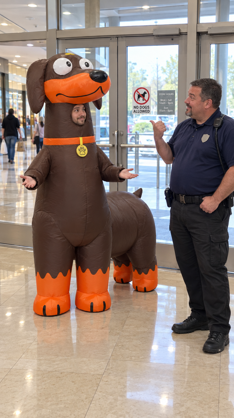 Inflatable dachshund costume at a mall entrance with a no dogs allowed sign