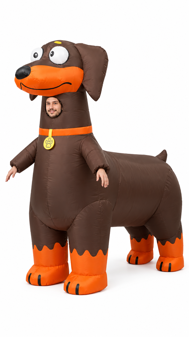 Wiener Walker inflatable dachshund costume, three-quarter view